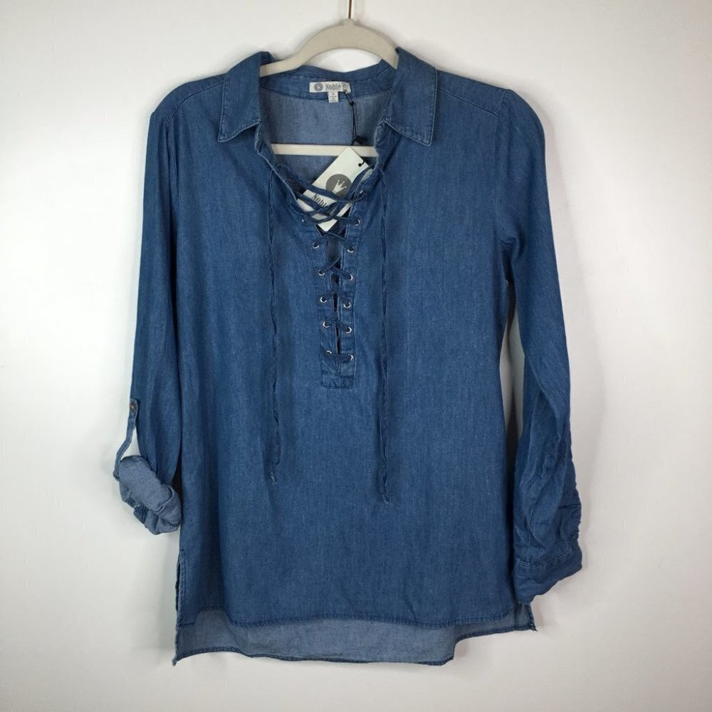 Noble U roll up sleeve front tie top